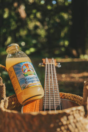 LEMONADE SODA ON TOP OF UKULELE IN THE JUNGLE OF HAWAII FOR PRODUCT PHOTOGRAPHY